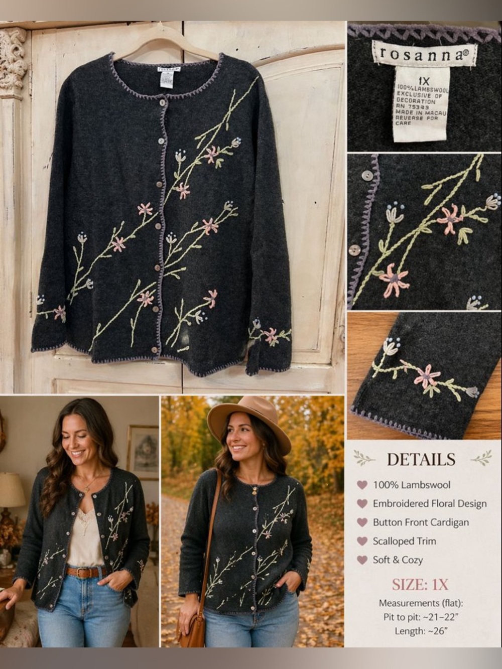 Rosanna 100% Lambswool Embroidered Floral Cardigan Sweater Size 1X